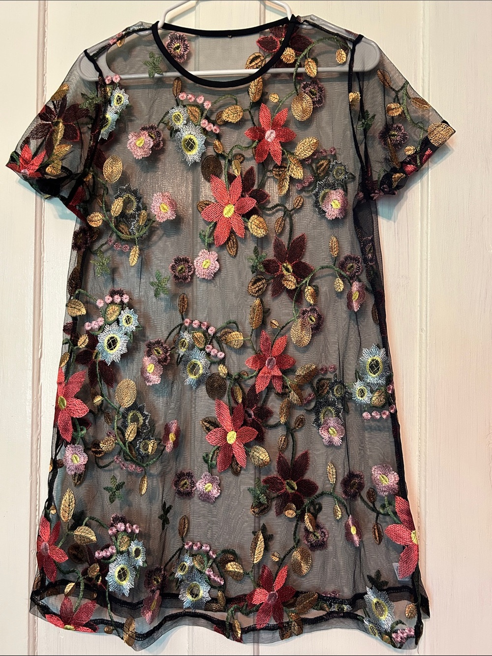 SHIEN Floral Embroidered Black Mesh Short Sleeve Dress